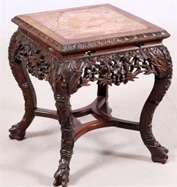 377 - CHINESE CARVED WOOD & MARBLE TOP PEDESTAL, 19TH C, H 18'', W 16'', L 16''