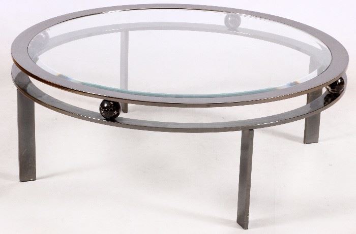 1305 - MODERN CHROME AND GLASS COFFEE TABLE, H 15.25", DIA 41"
