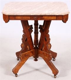 1412 - MARBLE TOP WALNUT PARLOR TABLE, CIRCA 1880, H 29", L 28", D 20"