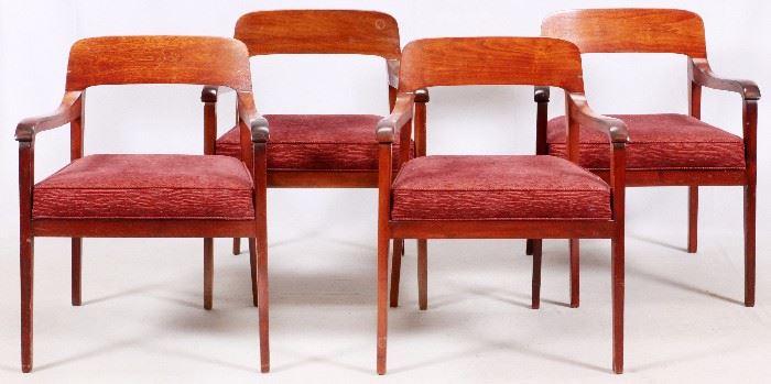 1530 - BAKER FURNITURE CO. OPEN-ARM MAHOGANY CHAIRS, C.1970, SET OF FOUR, H 32'', L 22'', D 22''