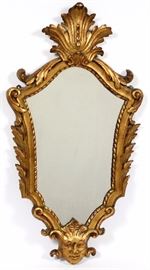 1417 - CONTINENTAL STYLE CARVED WOOD SHIELD FORM MIRROR, H 30", W 15 3/4"