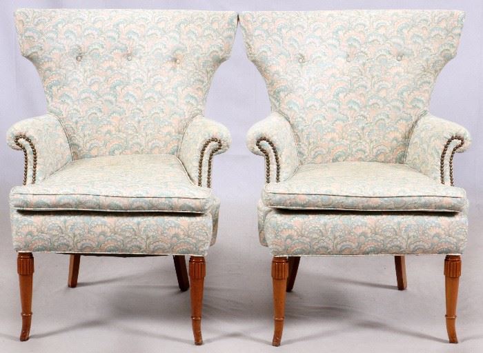 1537 - WINGBACK UPHOLSTERED ARMCHAIRS, PAIR, H 39"
