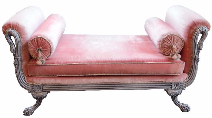 1039 - FRENCH STYLE PINK VELVET BENCH, H 30'', W 60'', D 28''