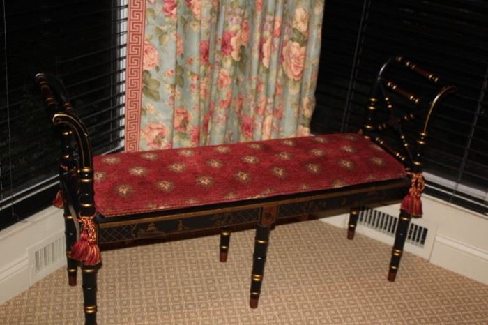 Decorative Black Stenciled Bench with Cushion and Tassels