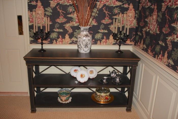 Pair of Console Tables with Shelves and Decorative Serving Pieces and Pair of Candelabra