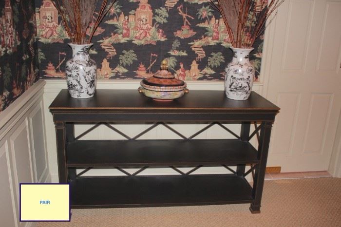 Pair of Console Tables with Shelves and Decorative Serving Piece and Pair of Urns.