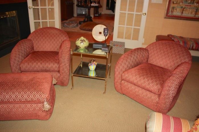 Pair of Upholstered Chairs and Ottoman with Small Brass and Glass Side Table and Decorative Items