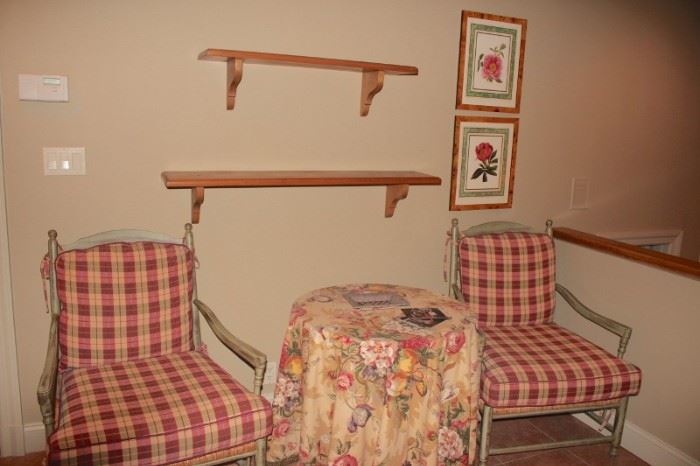 Pair of Side Chairs with Plaid Cushions, Wall Shelves and Floral Prints