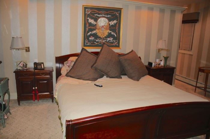 King Bedroom Set with Five Pieces, Framed Hermes Scarf and Pair of Wall Sconces