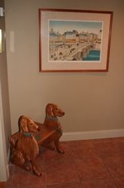Wood Bench with Dogs and Framed Print