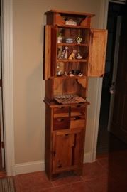 Narrow Wood  Cabinet with Hutch and Bric-A-Brac