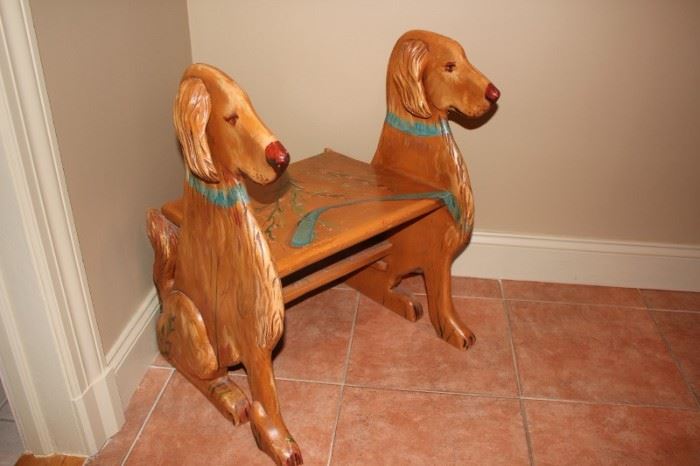 Wood Bench with Dogs