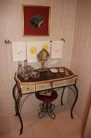 Vanity with Stool, Small Standing Mirror,  Perfume and other Decorative Jars, and Comb, Brush & Mirror Set