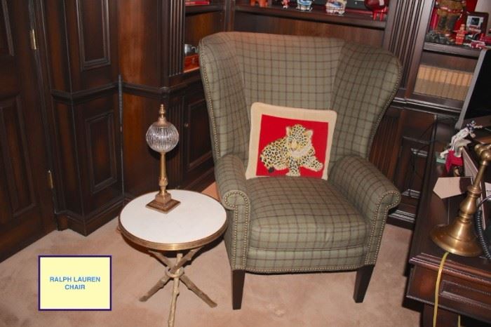 Ralph Lauren Wing Chair with Small Round Side Table and Decorative