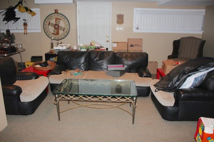 Black Sofa and Pair of Club Chairs with Metal & Glass Coffee Table and Decorative Items