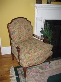 Floral tapestry chair with wood trim