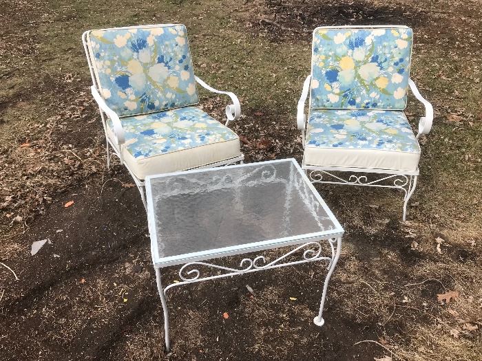Vintage metal patio chairs and end table