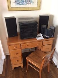 Nice wood desk and chair, stereos
