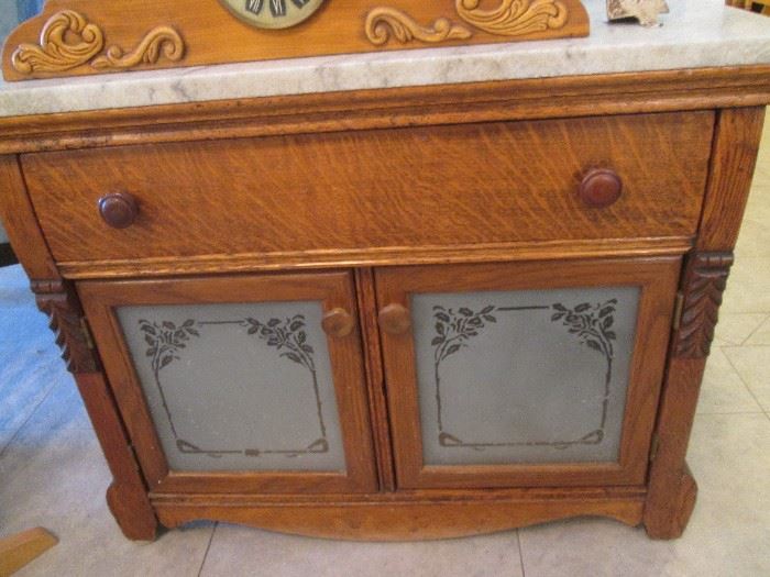 Older Wash Stand with marble top and frosted glass-panel doors, very nice!
