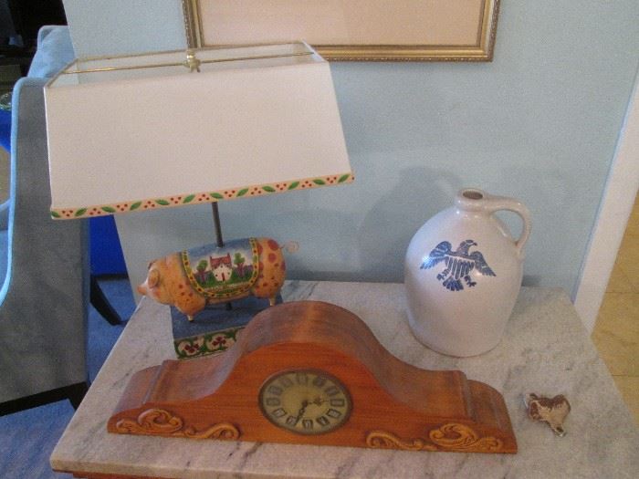 Pig Lamp, nice Crock and table-top Clock