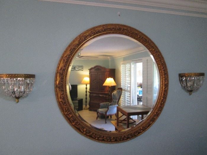 Beautiful 42" bevelled Mirror.  We are also selling the pair of crystal Wall Sconces.  They are lovely!