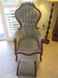 Gorgeous Antique Chair, button-tufted and channeled with an amazing wood frame.  Includes the footstool.