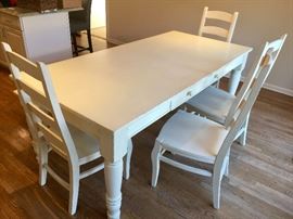 9. Pottery Barn Wood Dining Farm Table in Distressed White (39" x 82" x 31")                                     10. 4, Pottery Barn Ladderback Chairs in Distressed White Finish (20" x 21" x 43") & 1 Bench in Distressed White (15" x 64" x 19")