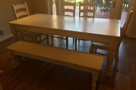 9. Pottery Barn Wood Dining Farm Table in Distressed White (39" x 82" x 31")                                     10. 4, Pottery Barn Ladderback Chairs in Distressed White Finish (20" x 21" x 43") & 1 Bench in Distressed White (15" x 64" x 19")