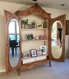 50. Pine Carved Mirrored Display Armoire w/ 3 Shelves & 1 Drawer Inside (53" x 18" x 95") Doors Can be Reconfigured/Mirrors Outside