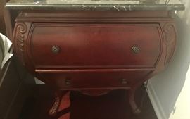 68. Marble Topped 2 Drawer Mahogany Bombe End Table (28" x 17" x 31")