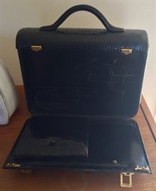 92. Lederer de Paris Vintage Black Patent Leather Croc-Embossed Handbag with Gold-tone Hardware