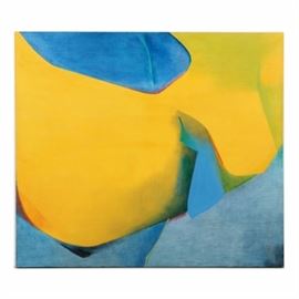 Beth Hertz Oil Painting on Canvas "Green Line": An oil painting on canvas abstract composition titled Green Line by listed Cincinnati artist Beth Hertz (b.1920). This piece depicts an abstract scene comprised of bright, transitioning colors, imbued with light, within gradients of yellow green, red and blue tonalities. The artist’s name, title and series enumeration (72 I) is inscribed to the lower left corner of the verso. Presented as an unframed canvas. There is a gallery label and handwritten reading “Hertz 17” present to the upper left corner of the canvas backing. The composition is accompanied by a catalog about the artist published by Cincinnati Art Galleries, LLC.