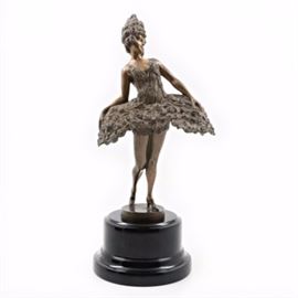 J.M. Michel Art Nouveau Bronze on Stepped Base: An art nouveau bronze female figure by J.M. Michel, ca. 1920s. Depicted is female figure in a floral dress with elaborate hair and high heels. Signed to the verso of the base, ‘JM Michel.’ The sculpture stands upon a stepped, round base.