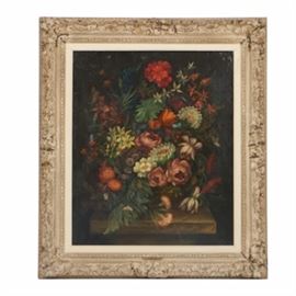 Continental School Oil Painting on Canvas After Jan van Os Floral Still Life: A Continental School oil painting on canvas of a floral still life after Dutch painter Jan van Os (1744-1808). This large composition features an abundant arrangement of various vibrant flowers set on a flat surface and contrasted against a dark background. The painting is signed “Jan van Os” to the lower right. It is presented in an elaborate gesso wood frame with scrolling foliate moulding. A metal plate is affixed to the lower part of the frame, engraved “Jan van Os”.