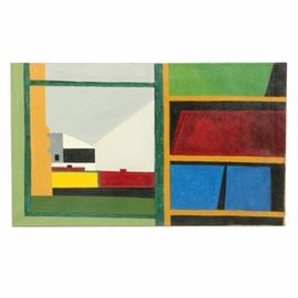 Robert Herrmann Oil Painting on Canvas "Library, Inside & Out": An oil painting on canvas titled Library, Inside & Out by Cincinnati artist Robert Herrmann (American, 1922-1996), executed in 1958. This work features an abstract rendering of architectural forms, panels, and openings, portrayed with rich colors and simplified geometric shapes. The composition is signed, titled, and dated to the verso. It remains unframed. Included in the lot are two exhibition catalogs from Cincinnati Art Galleries, LLC., copyrighted 2000 and 2008.