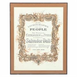 Salvador Dali Artist's Proof Lithograph on Paper "The World of Currier & Ives": A limited edition artist’s proof lithograph on paper folio title page for the The World of Currier & Ives by Salvador Dali (Spanish, 1904-1989), executed in 1971. The folio illustrates the world of Currier & Ives as interpreted by Dali and includes the works American Yacht Races, Fire, Fire, Fire, Les Fleurs et Fruits, Central Park, Winter, New-York, American Trotting Horses I, and American Trotting Horses II. Decorated with stylized scrolling acanthus and godroon forms. Signed in graphite to the lower right and numbered edition to the lower left. The work is float mounted with a brown matting, under glass and housed in a black aluminum frame.