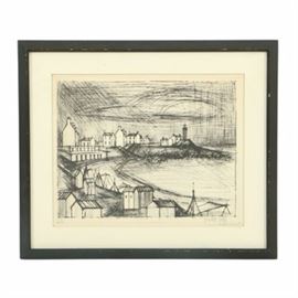 Bernard Buffet Signed Limited Edition Drypoint Etching on Paper "Cabanas": A signed limited edition drypoint etching on paper titled Cabanas by celebrated French Expressionist Bernard Buffet (1928-1999). This work features a coastal town scene portrayed with sketchy black delineations. The work is signed by hand in graphite to the lower right margin; it is numbered 56 out of an edition of 75 to the lower left margin. The composition is presented under glass with linen-covered matting, and housed in a beveled black wood frame. A Certificate of Authenticity from Associated American Artists and the artist’s obituary in the New York Times are adhered to the verso.