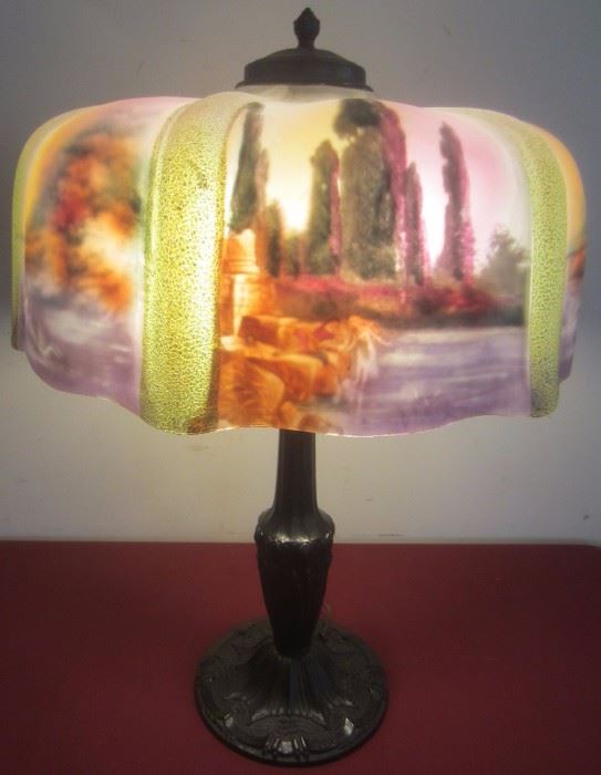 LARGE ANTIQUE PUFFY LAMP...BEAUTIFUL SCENES...NO CHIPS OR CRACKS...PAIRPOINT?