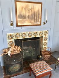 Vintage tin firewood bin, fireplace screens & other accessories.