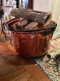 Huge Copper kettle with hand forged handle.  Perfect for firewood!