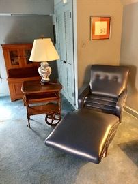 Vintage Leather lounge chair.  Cart table.