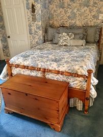 Pine bed, (full size ), trunk and toile/gingham bed linens with Tempurpedic mattress