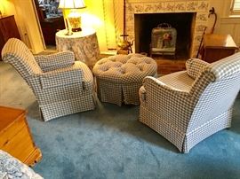 Two chairs and round hassock in blue check
