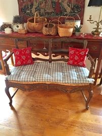 French country double bench with rush seat and Pierre Deux pad/pillows