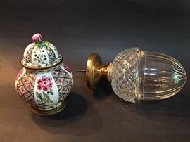 Antique pomander (left).  Baccarat crystal balustrade finial (right).