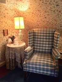 Wingback chair in blue gingham