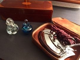 Wood box, perfume bottles and vintage travel iron