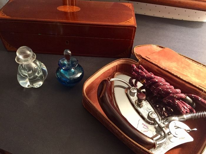 Wood box, perfume bottles and vintage travel iron