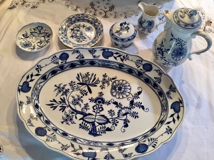 Meissen Blue Onion serving pieces.  Set of 12 salad plates and cups.