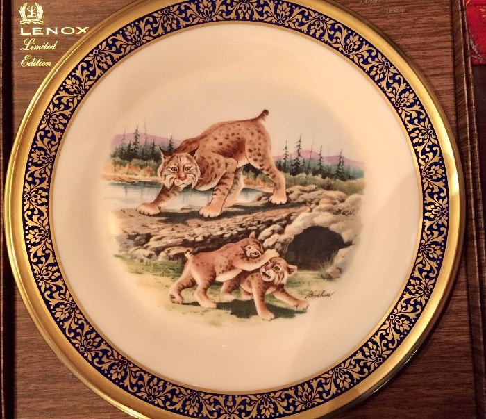 Lenox Boehm "Woodland Wildlife" limited edition collectors plates in boxes.   Complete series of 10.  Bobcat (1980) shown here.